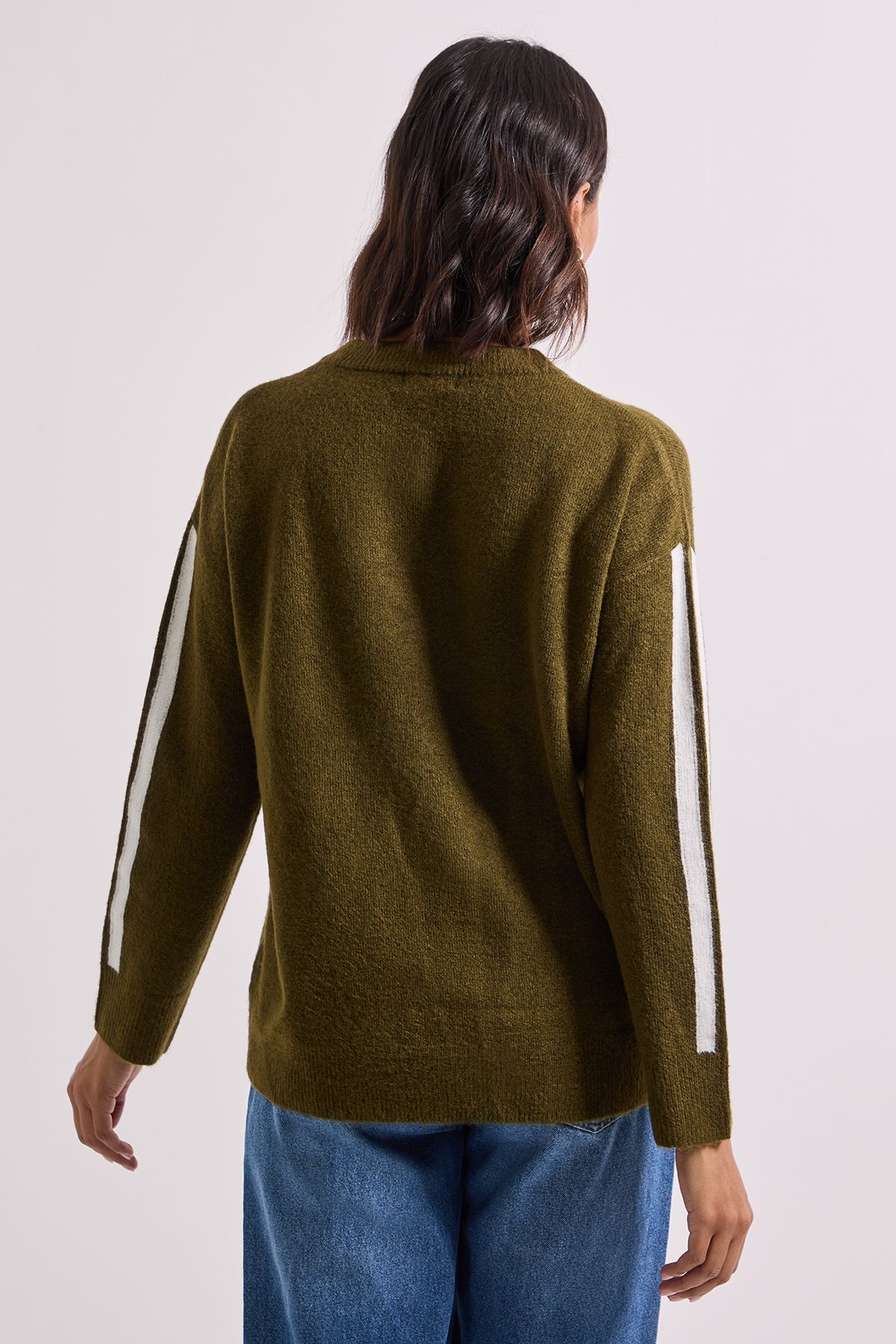 Dorothy Perkins Stripe Sleeve Crew Neck Jumper Olive image 3