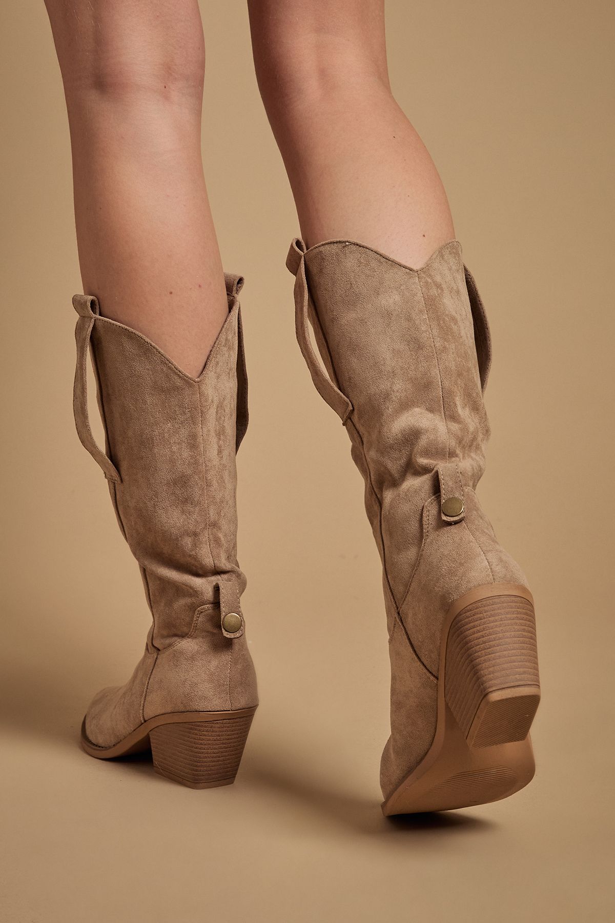 Oasis Wanda Faux Suede Slouch Western Calf Boots Beige image 3