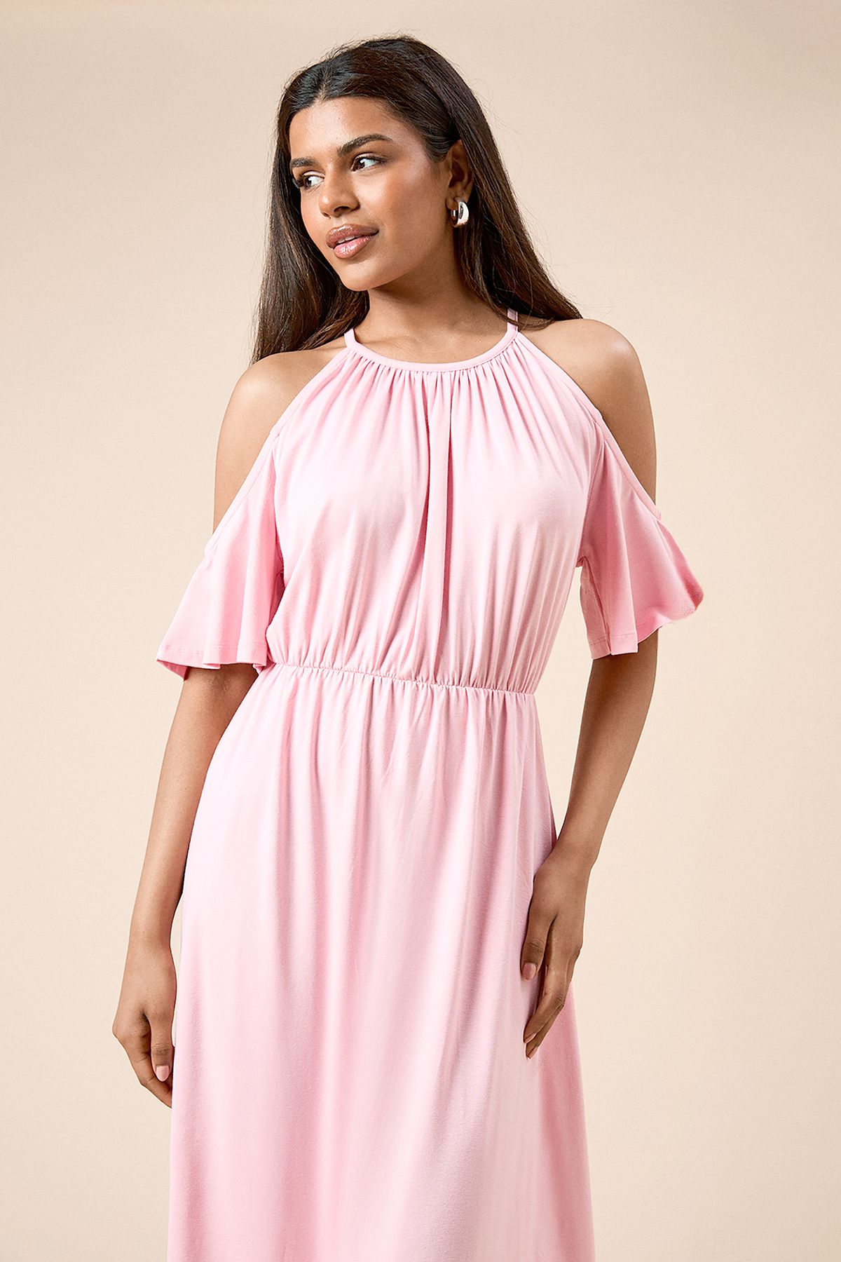Dorothy Perkins Petite Cold Shoulder Halterneck Midi Dress Blush image 2