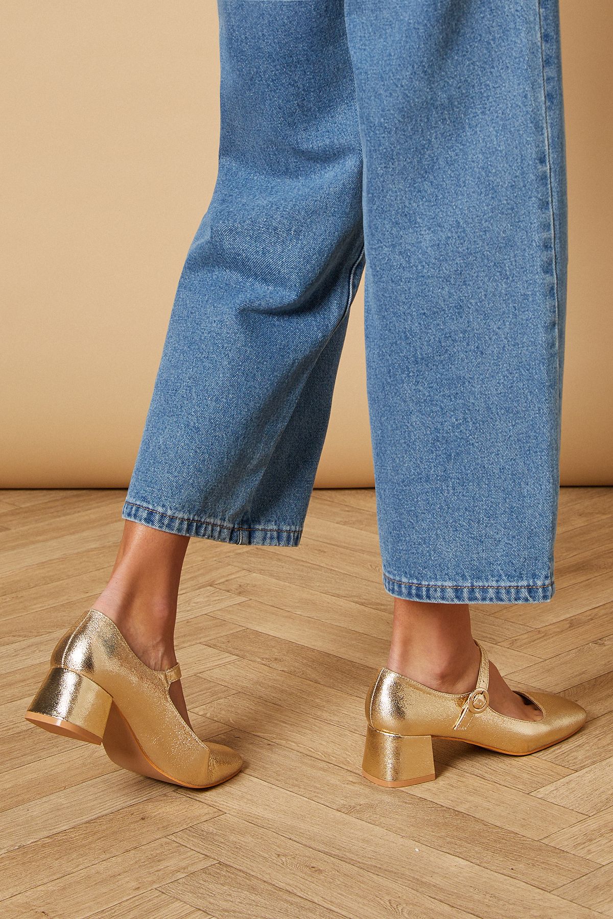 Oasis Romy Faux Metallic Leather Mary Jane Low Block Heeled Shoes Gold image 4