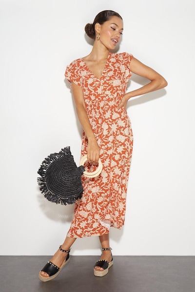 Dorothy Perkins Petite Floral Ruffle Sleeve Button Midi Dress Rust
