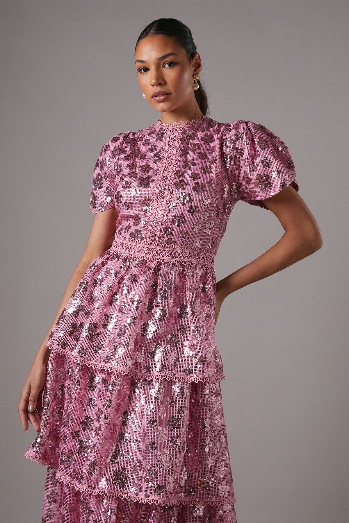 Coast Short Sleeve Flower Sequin Tiered Midaxi Dress Pink image 2