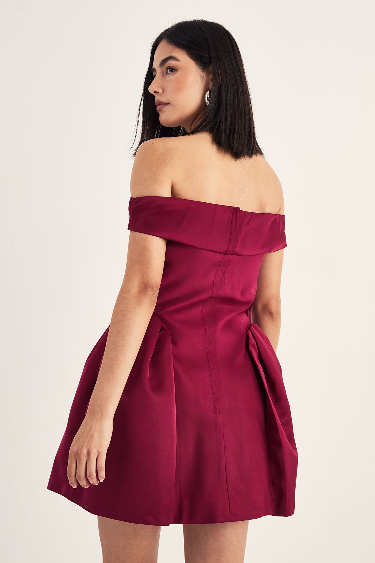 NastyGal Satin Structured Bardot Lantern Mini Dress Dark Red image 4
