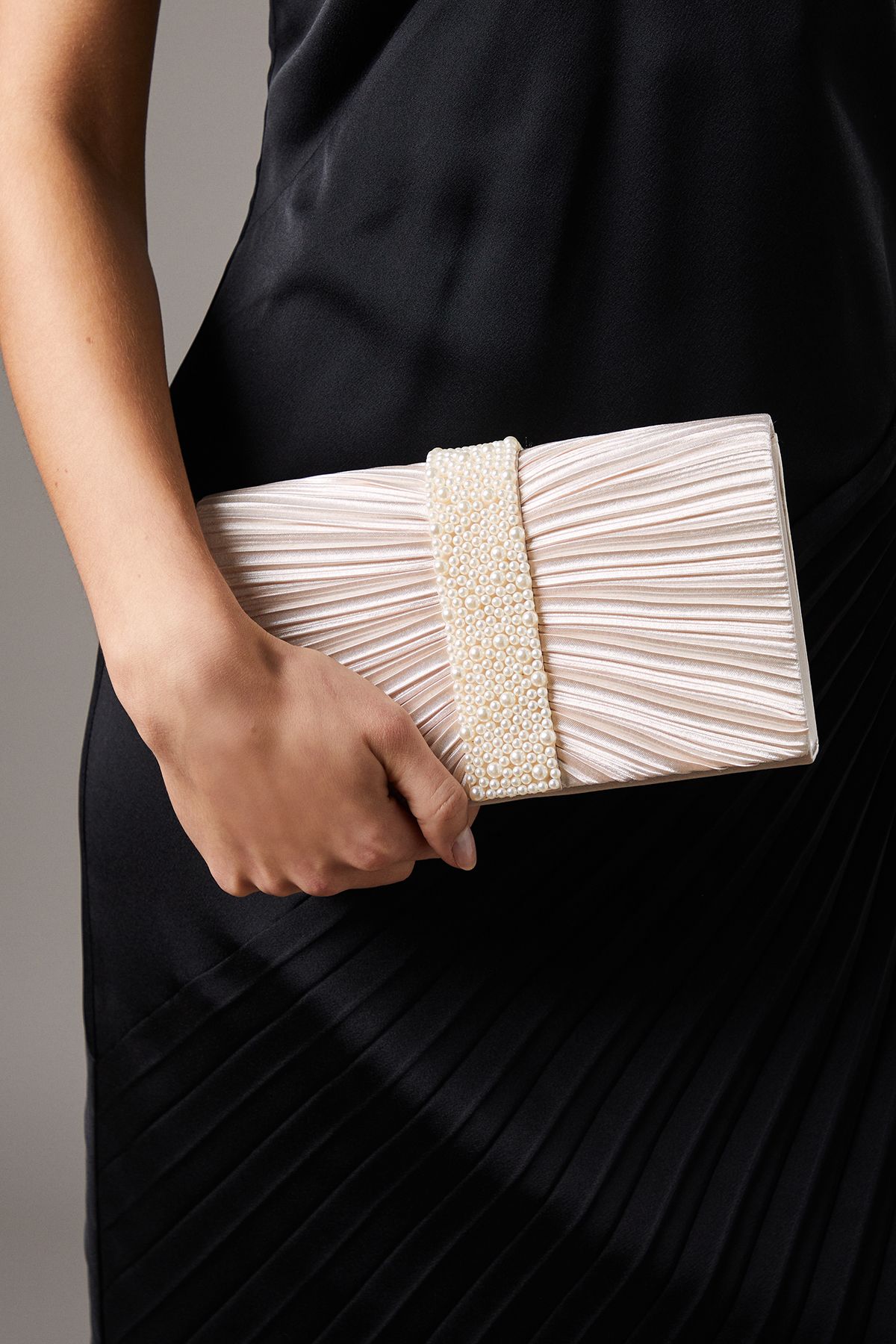 Coast Dahlia Satin Pleated & Pearl Trim Clutch Bags Champagne image 1