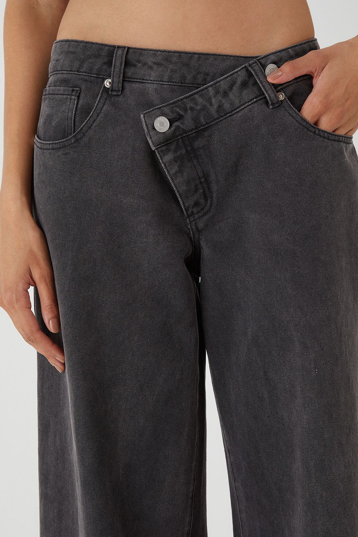 MissPap Asymmetric Wide Leg Washed Denim Jeans Washed Black image 4