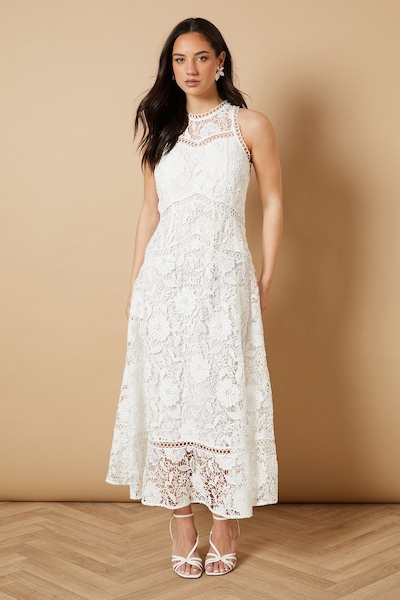 Oasis Lace Detail High Neck Midi Dress White