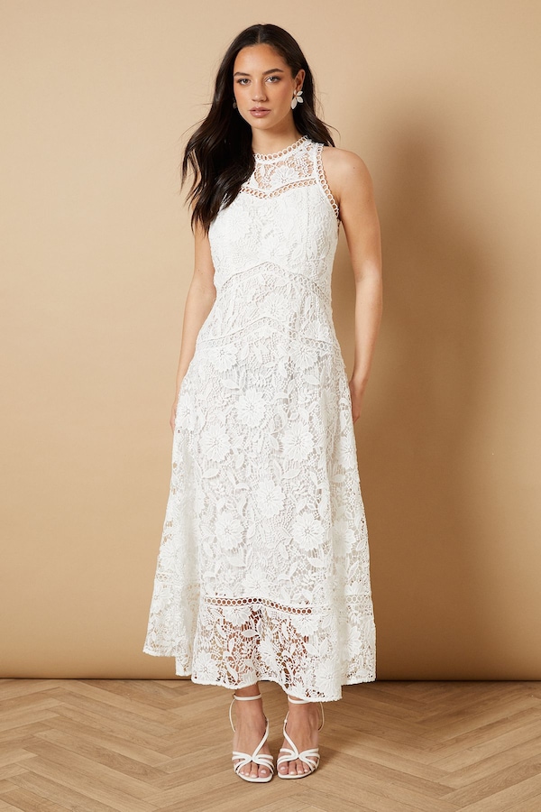 Oasis Lace Detail High Neck Midi Dress White