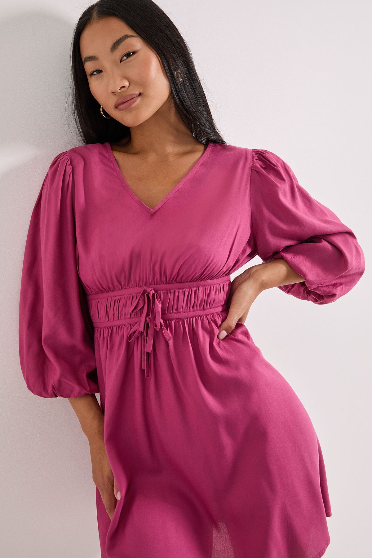 Dorothy Perkins Petite Tie Detail Blouson Sleeve Mini Dress Rose