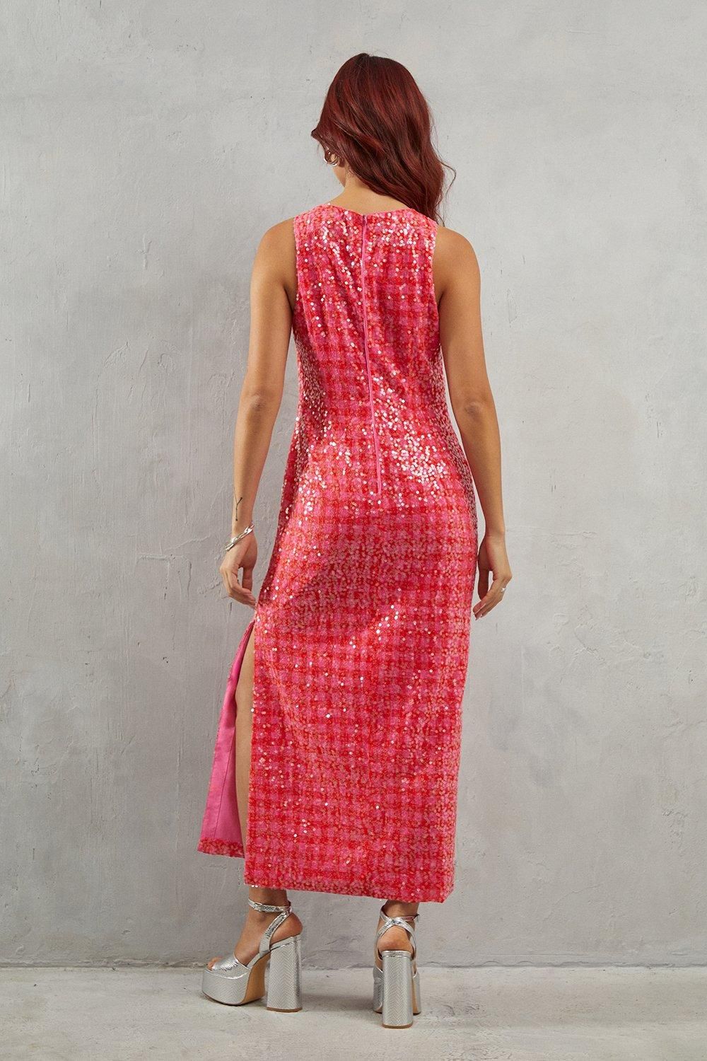 Warehouse Gingham Sequin Embellished Racer Midi Dress Pink image 3