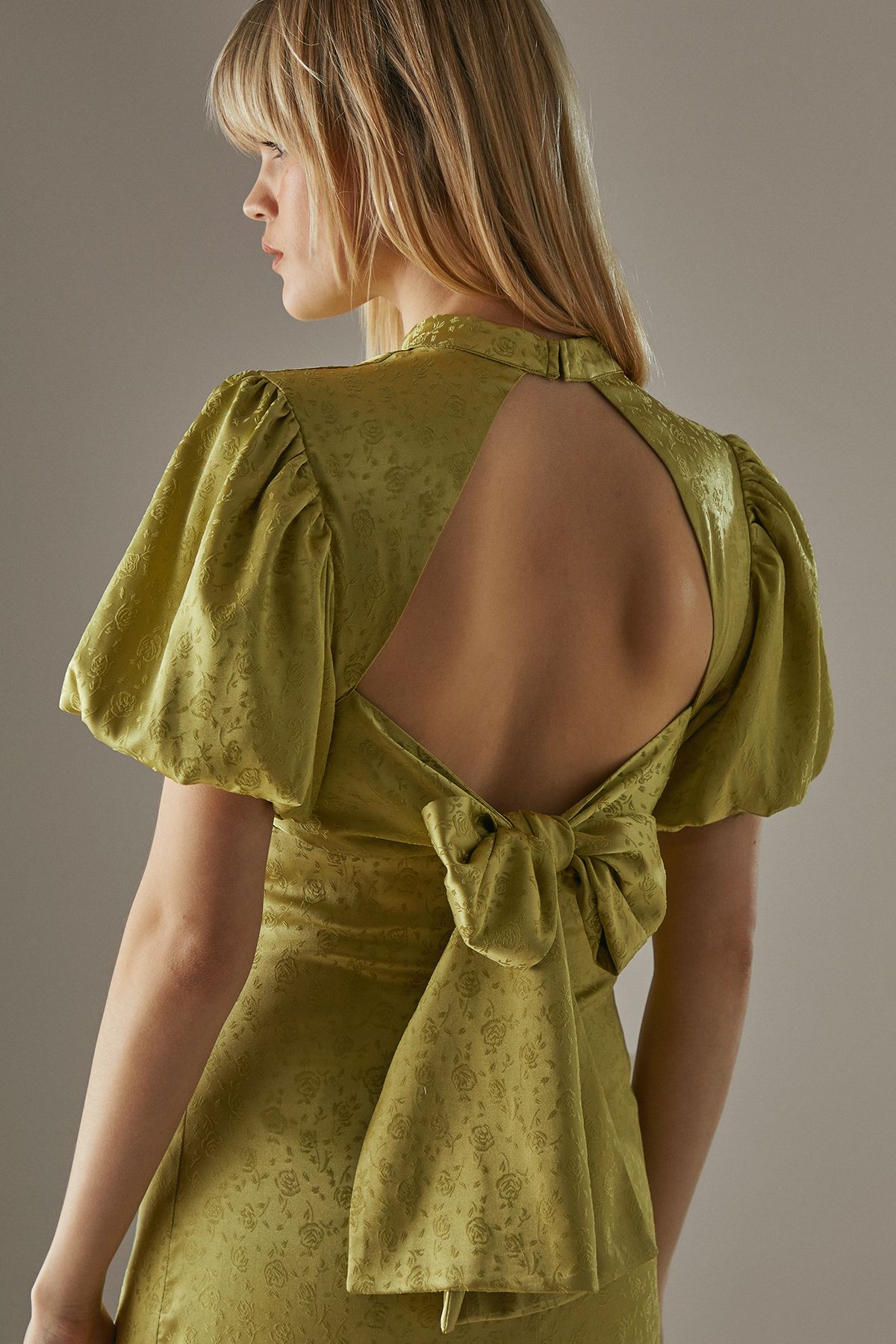 Warehouse Rose Satin Jacquard Puff Sleeve Tie Back Midi Dress Lime Yellow image 4