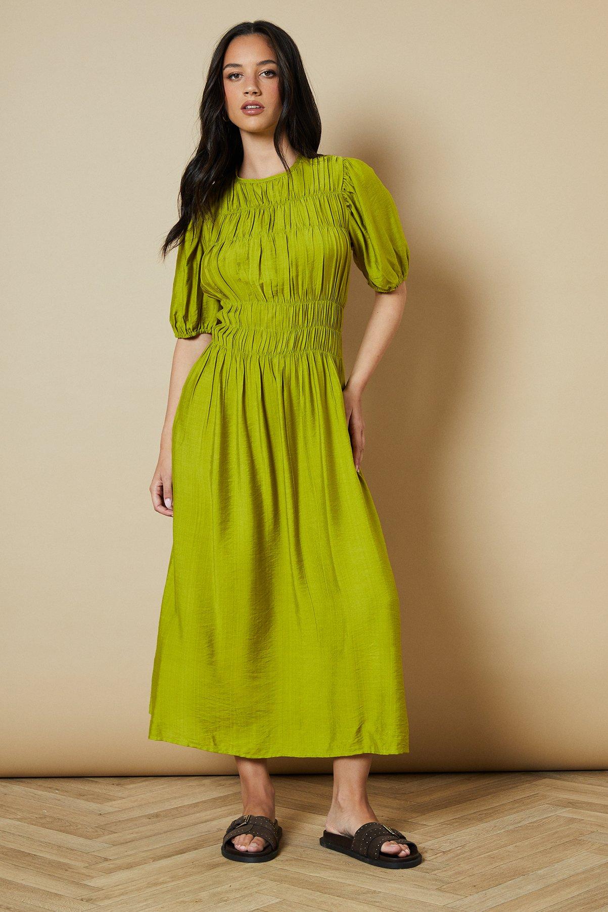 Oasis Shirred Bodice Puff Sleeve Midi Dress Olive image 1