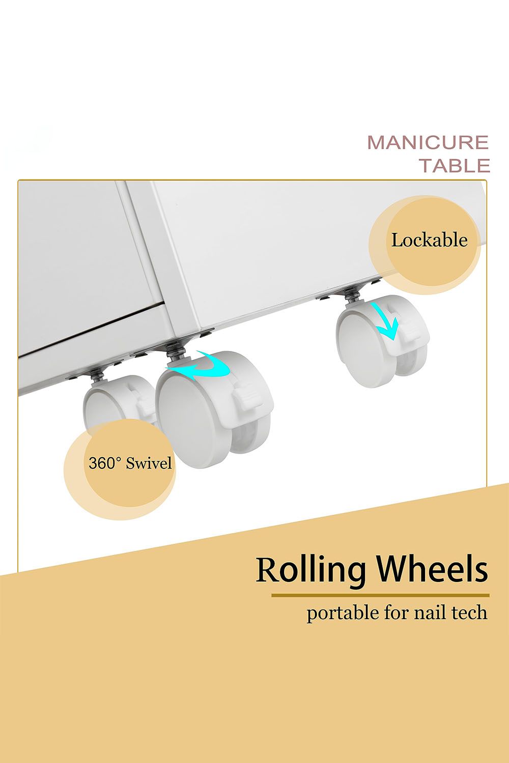 Living and Home Fashion Makeup Desk Dresser Manicure Table Nail Desk with Rolling Wheels For Spa Beauty Salon & Home image 3