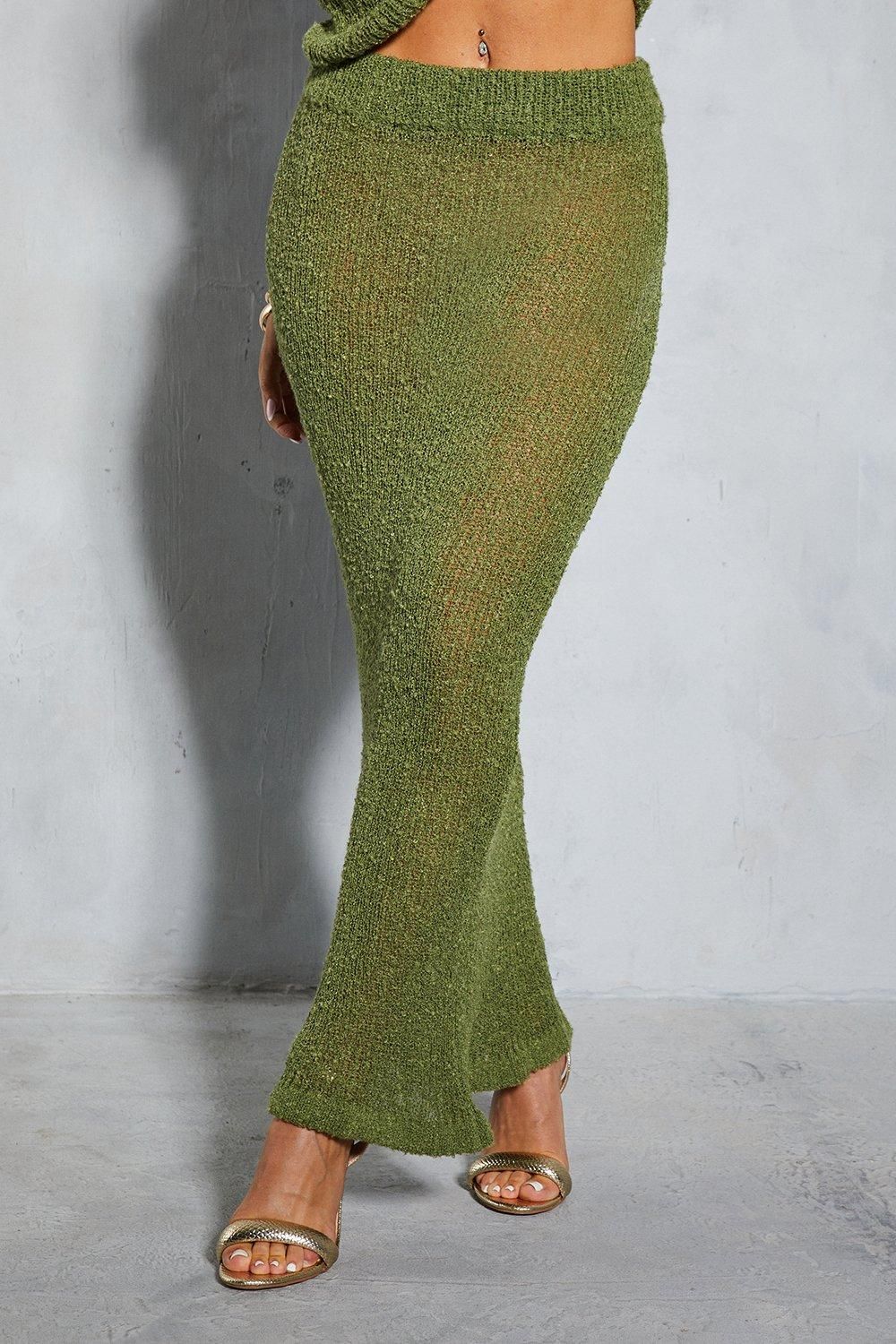 MissPap Sheer Knit High Waisted Fishtail Maxi Skirt Green image 2