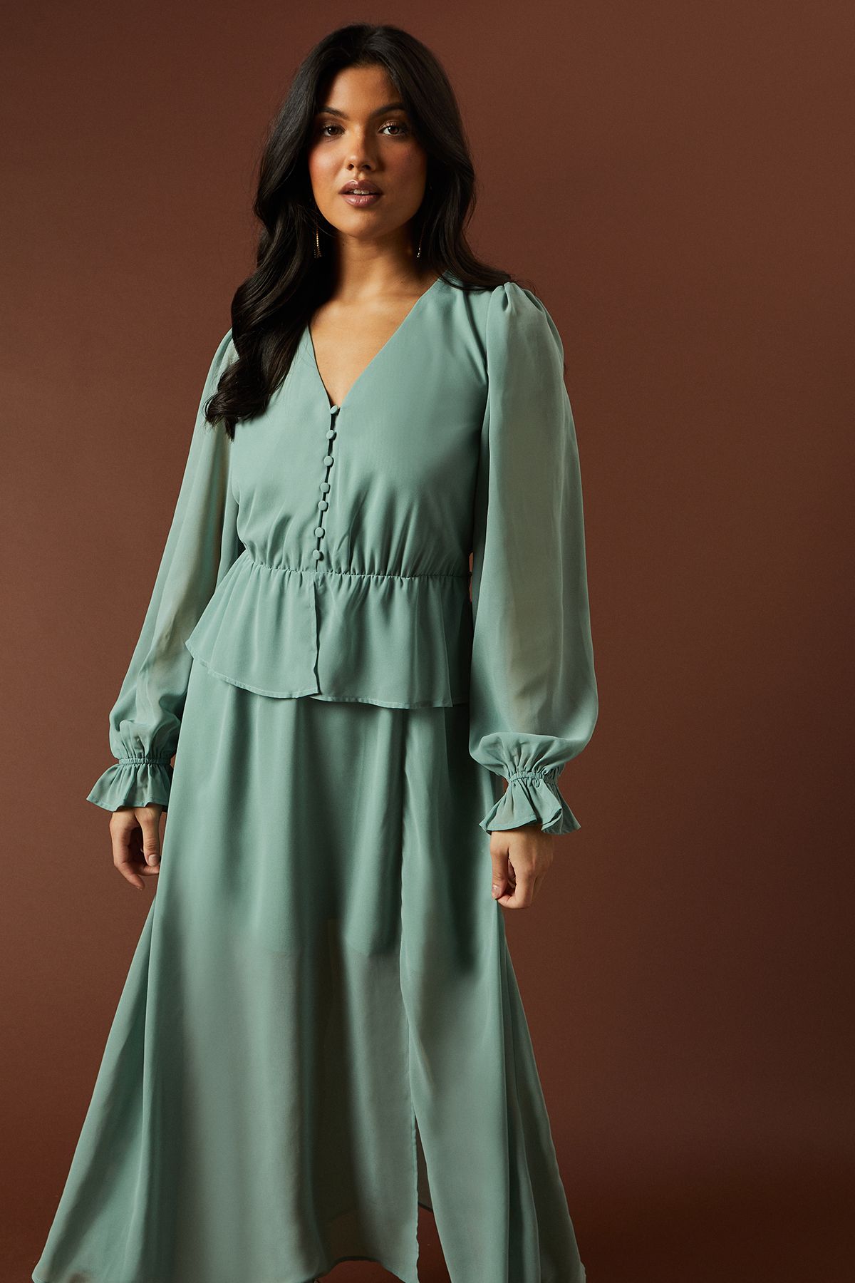 Oasis Buttoned Peplum Hem Maxi Dress Blue image 2