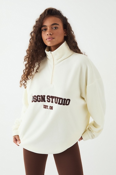 DSGN Studio DSGN Studio Slogan Embroidered Half Zip Oversized Polar Fleece Sweatshirt Cream
