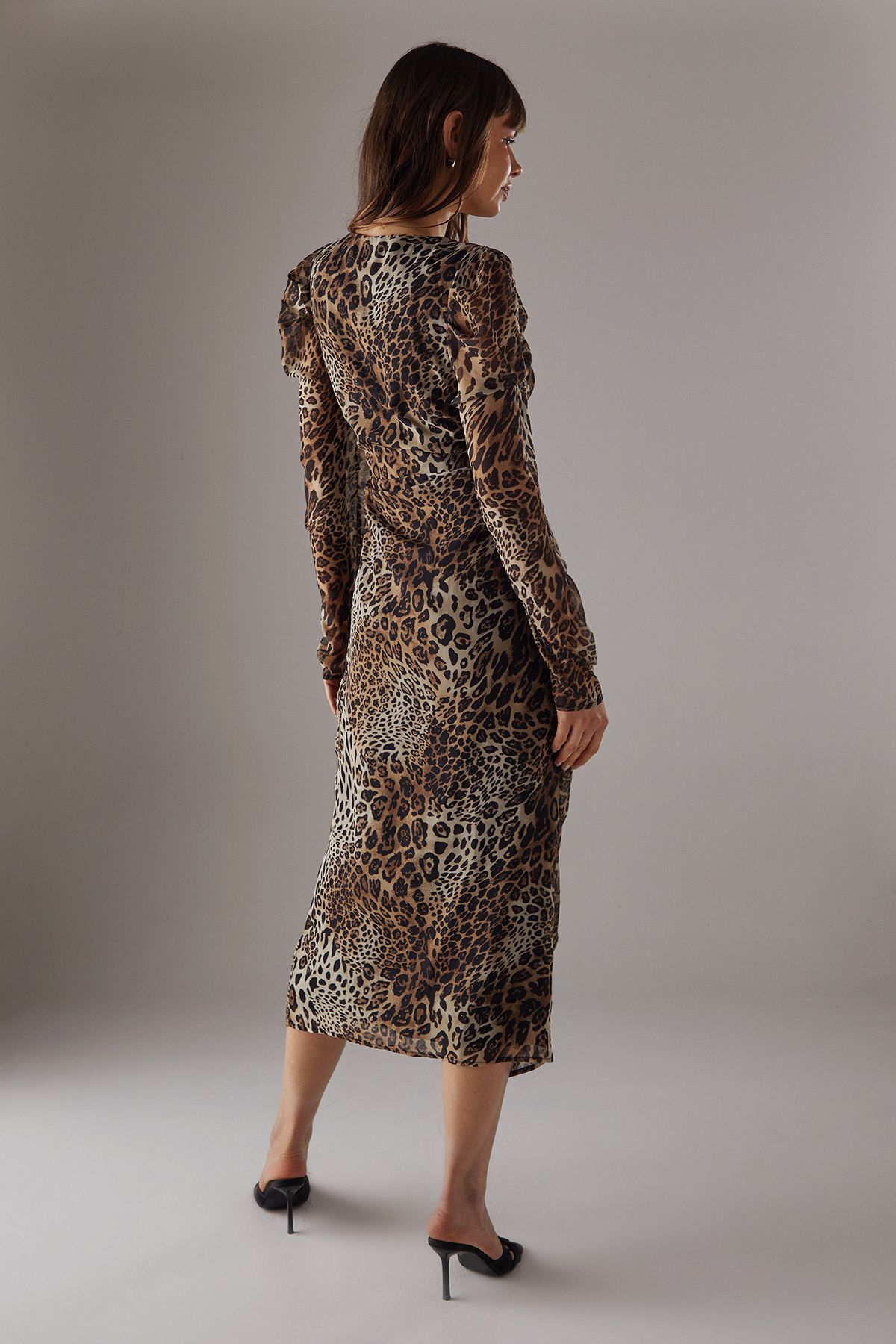 Warehouse Animal Chiffon Ruched Plunge Button front Midi Dress Animal image 3