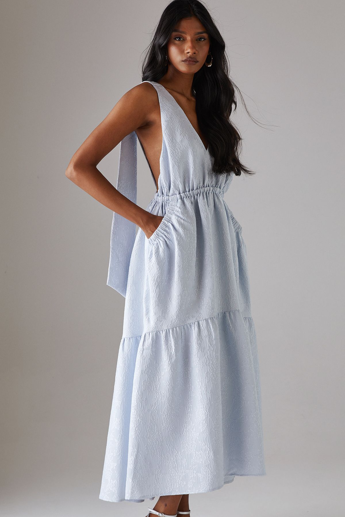 Warehouse Jacquard Plunge Tie Pocket Midi Dress Pale Blue image 4