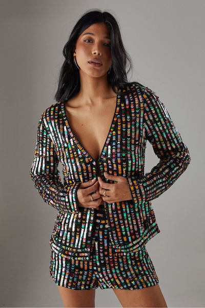 Warehouse Premium Hand Embellished Multicolour Sequin Jacket Multi