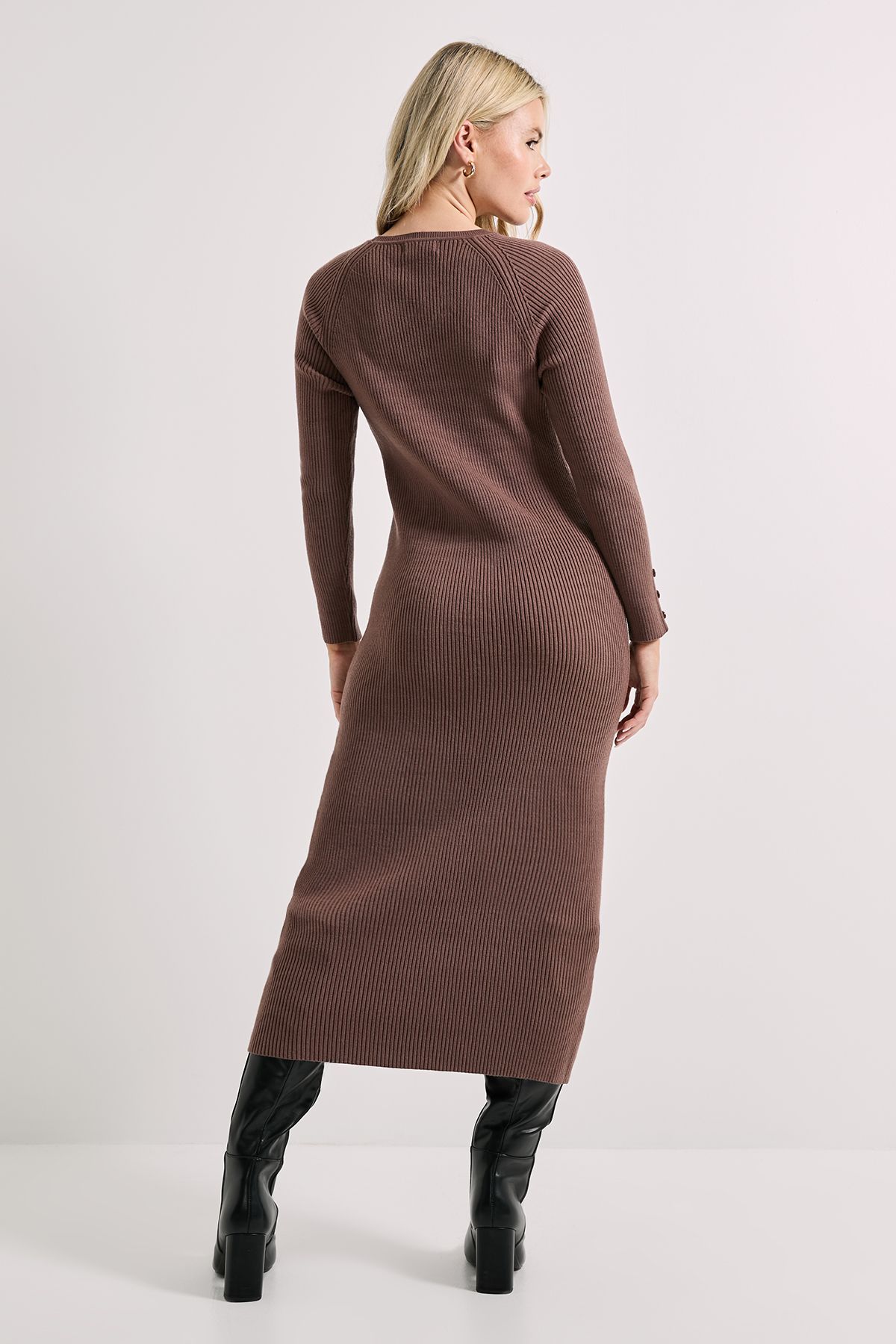 Dorothy Perkins Mocha Button Cuff Slim Knitted Midi Dress Mocha image 3