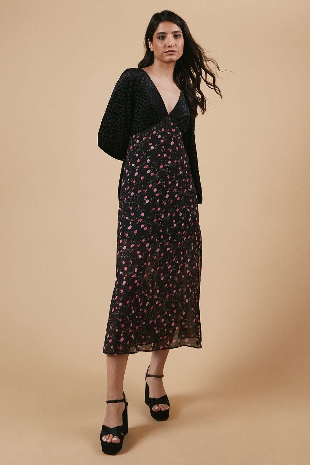 Oasis Occasion Floral Spot Bodice Midi Dress Black image 1