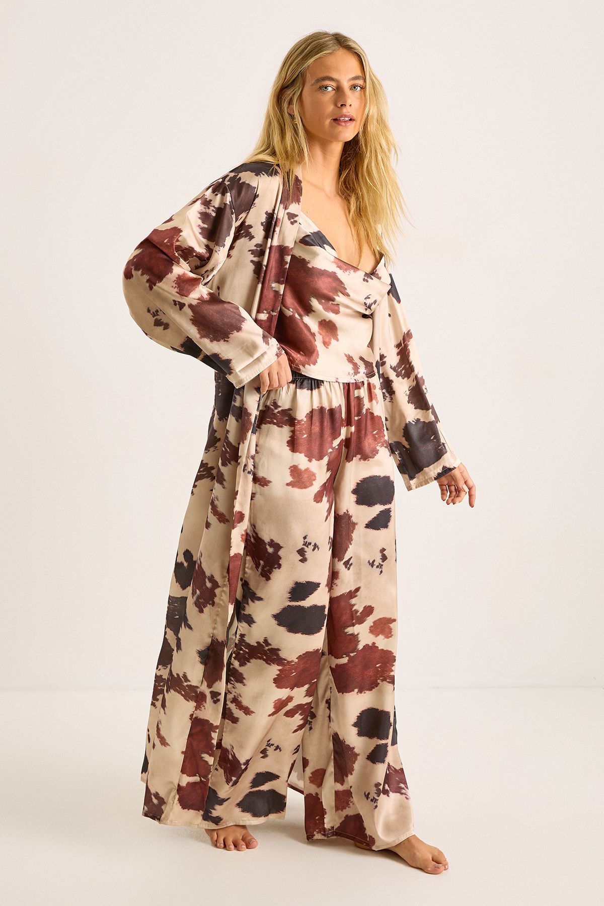 NastyGal Cow Satin Cowl Pajama Pants and Robe 3pc Set Chocolate image 1