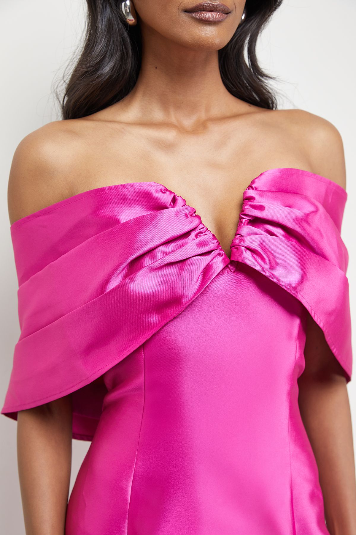 Warehouse Satin Twill Notch Front Bardot Midi Dress Pink image 5