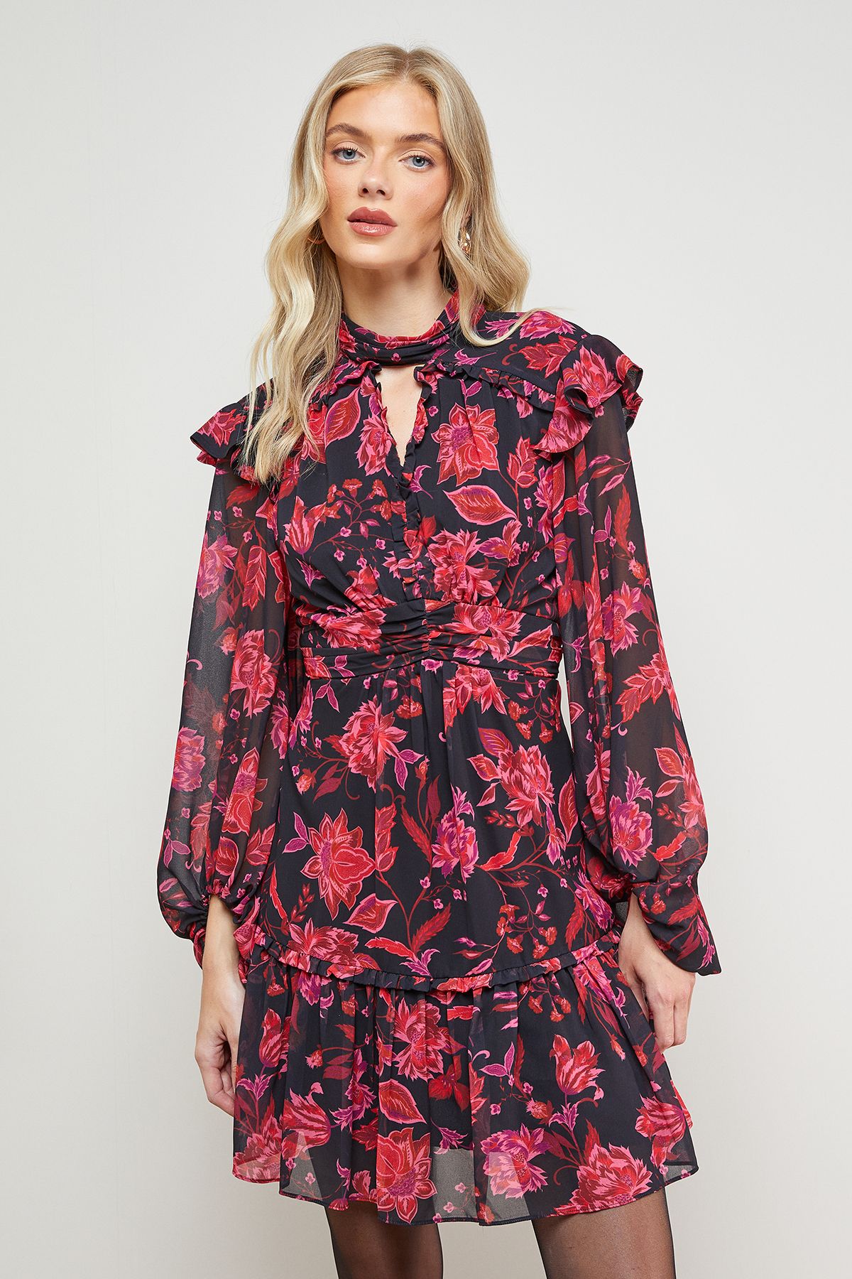 Oasis Printed Ruched High Neck Mini Fit And Flare Dress Floral image 2