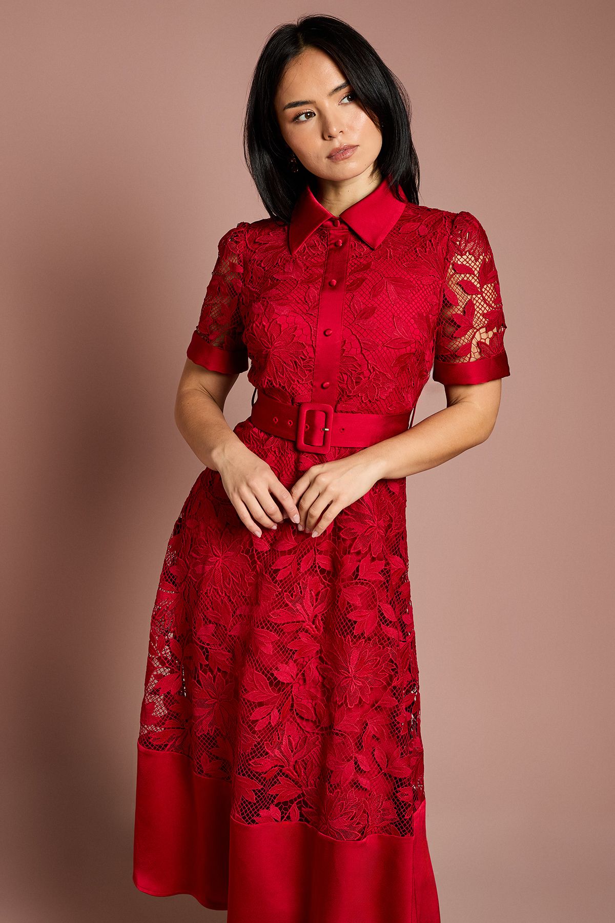 Coast Petite Satin Trim Lace Shirt Midi Dress Red image 4