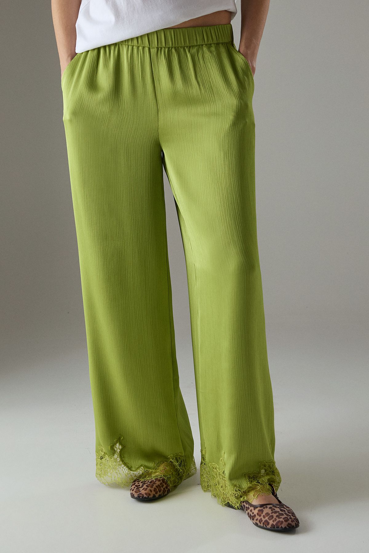 Warehouse Satin Lace Insert High Waisted Wide Leg Trousers Green image 2