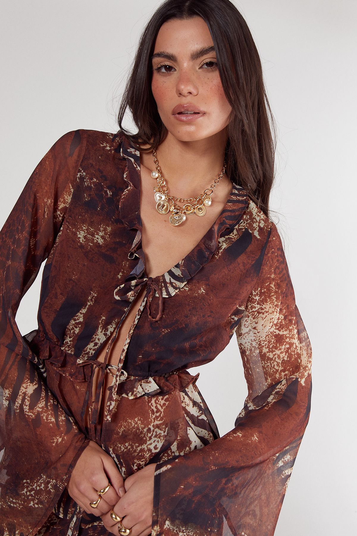 NastyGal Mixed Animal Crinkle Chiffon Ruffle Tie Front Blouse Tan image 3