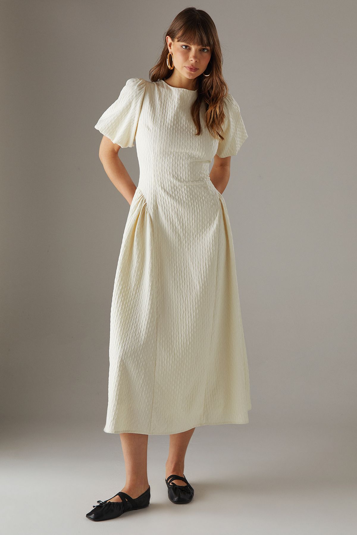 Warehouse Seersucker Organza Godet Side Puff Sleeve Midi Dress Cream