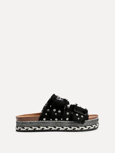 Linzi Bahama Black Diamante Studded Double Buckle Flatform Slider Sandal