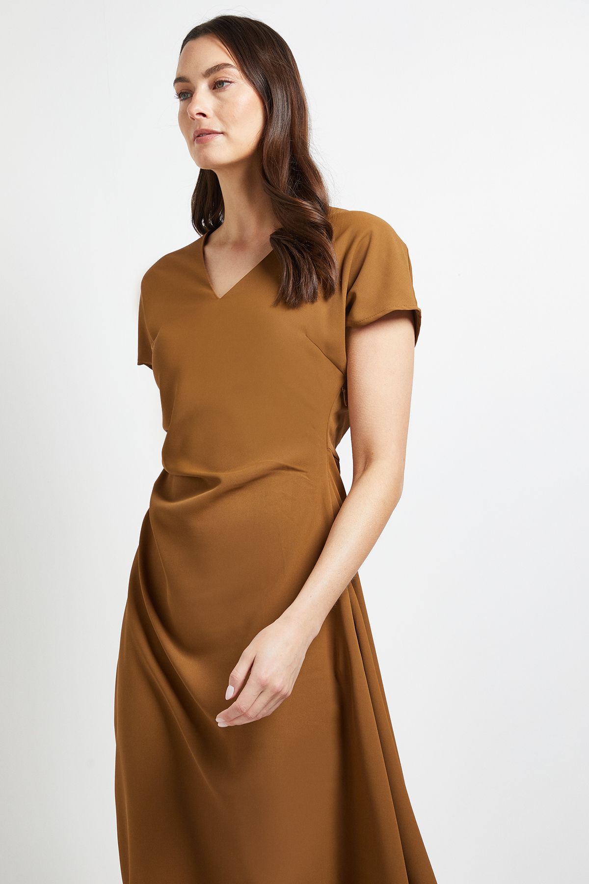 Principles Pleated Waist V Neck Midi Dress Mocha image 2