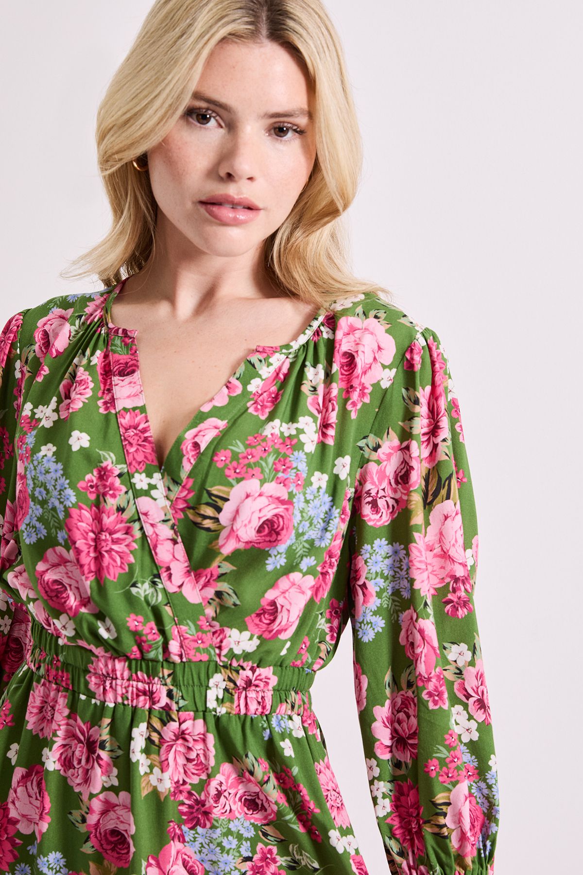 Dorothy Perkins Green Floral Wrap Front Blouson Sleeve Mini Dress Floral image 4