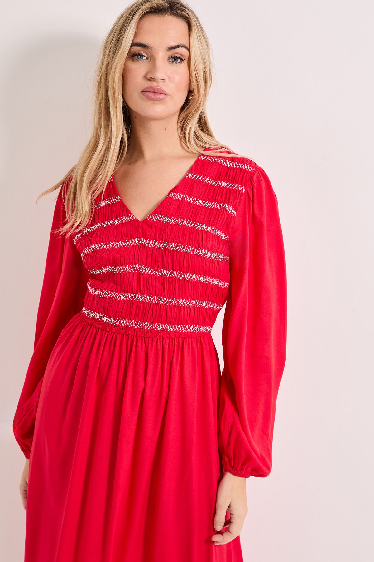 Dorothy Perkins Contrast Stitching Shirred Bodice V Neck Midi Dress Cherry image 4