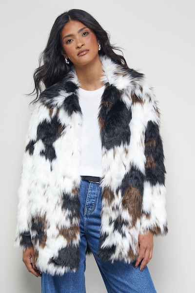 Warehouse Premium Funnel Neck Mono Cow Print Faux Fur Coat Mono