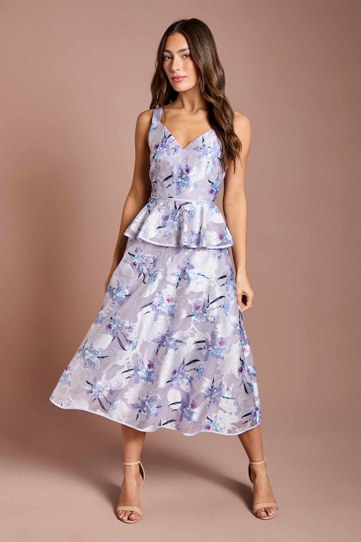 Coast Satin Jacquard Cami Full Skirted Midi Dress Lilac