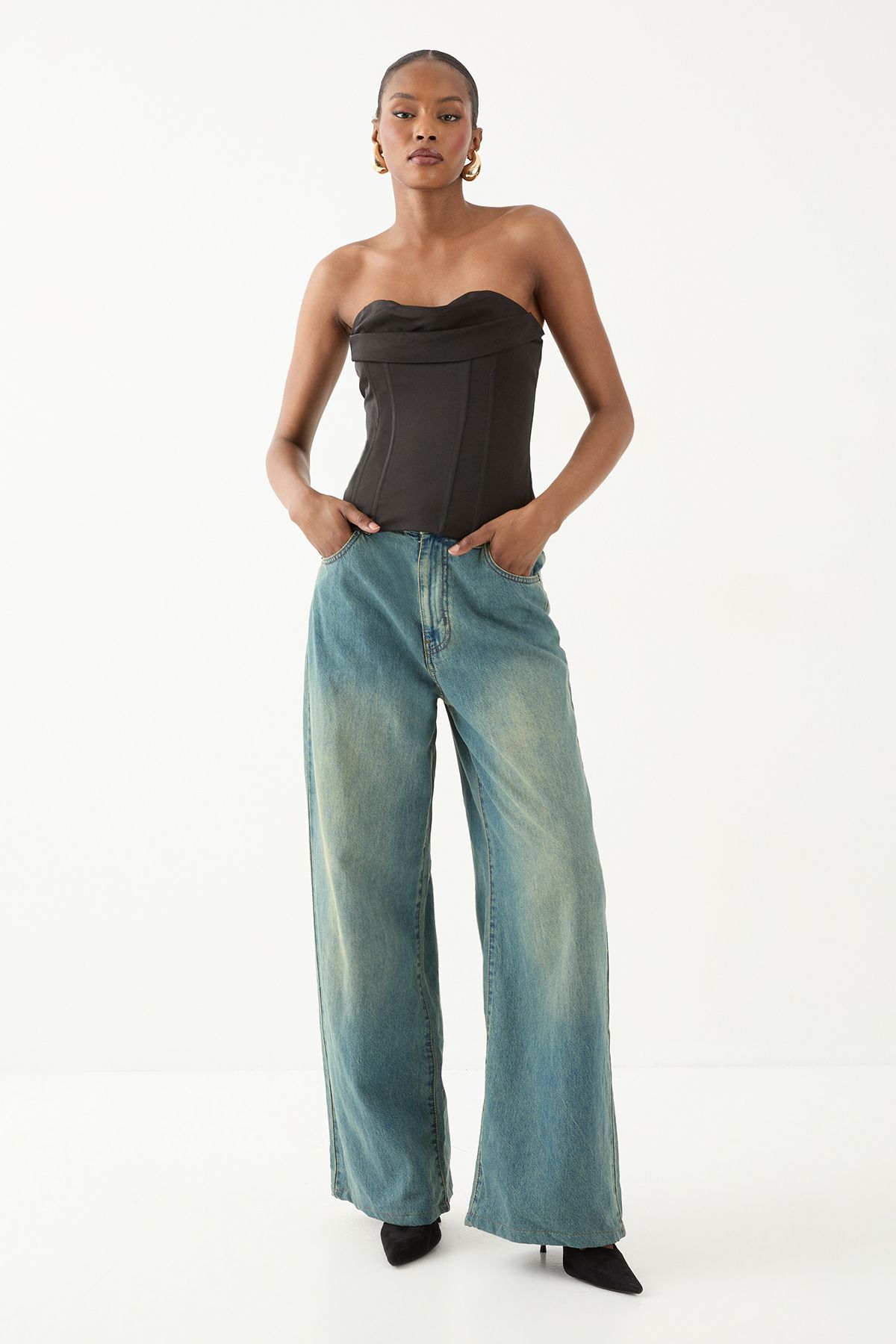 MissPap Satin Bandeau Draped Corset Top Black image 1