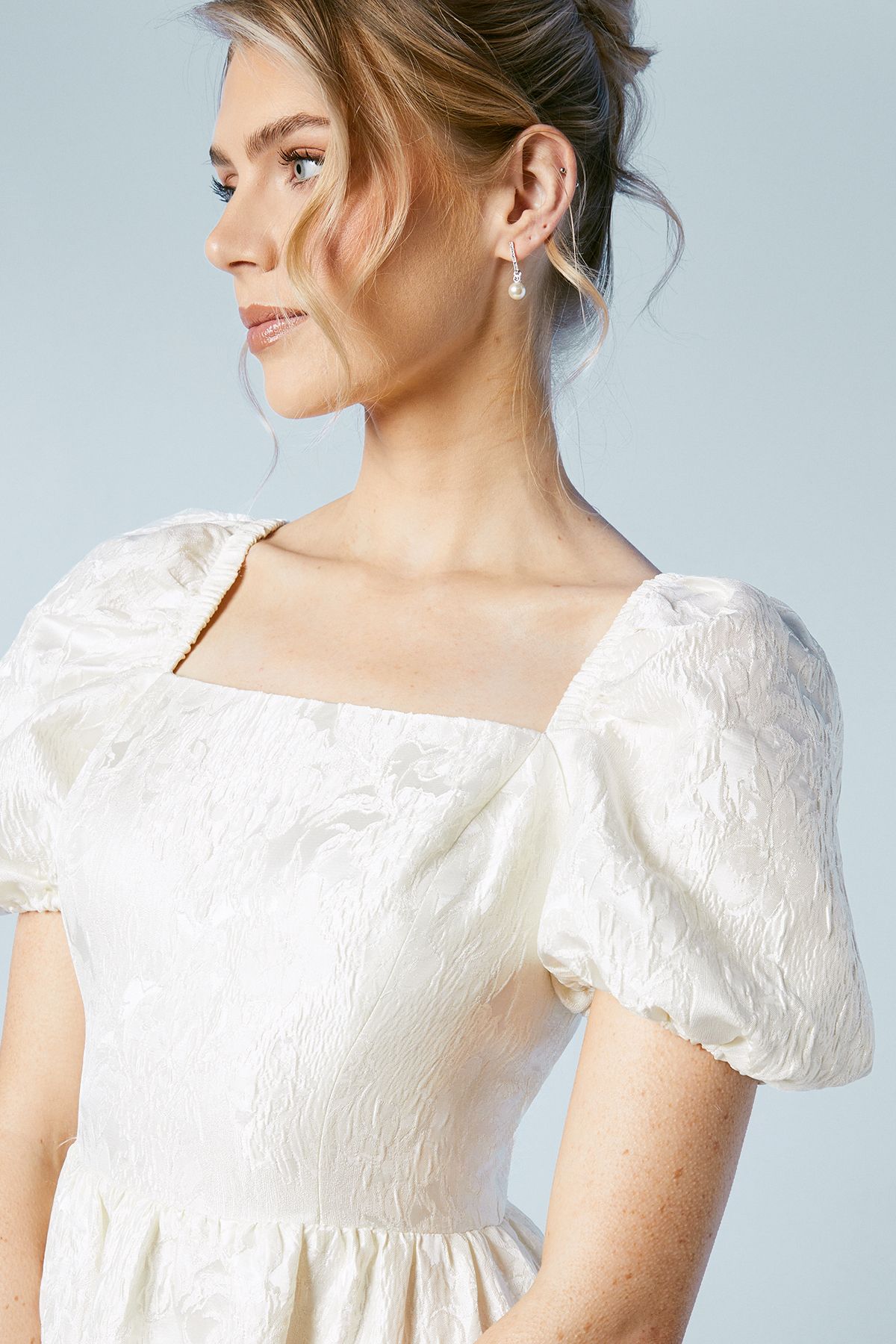 Oasis Tiered Puff Sleeve Jacquard Wedding Dress Ecru image 2