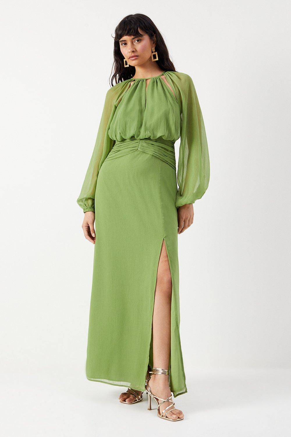 Warehouse Chiffon Cut Out Detail Volume Sleeve Maxi Dress Olive image 1