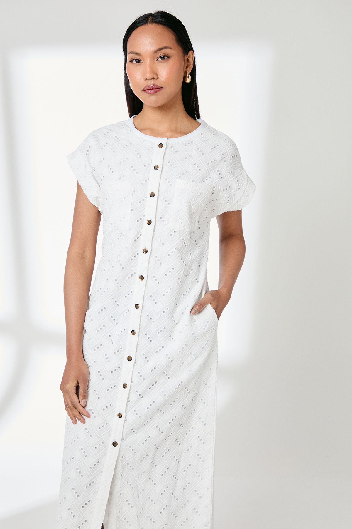 Principles White Broderie Pocket Detail Midi Shirt Dress White image 2