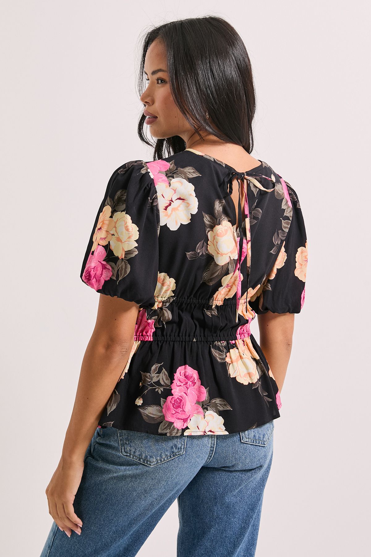 Dorothy Perkins Black Floral Contrast Binding Peplum Top Black image 3