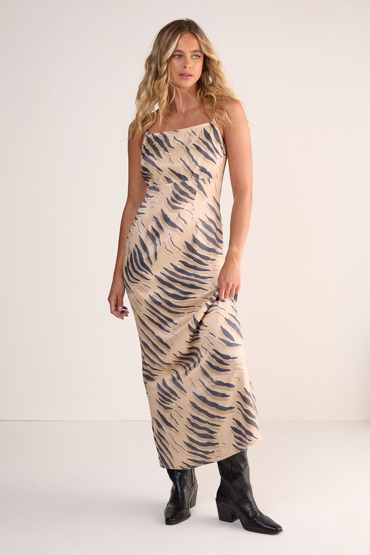 NastyGal Premium Satin Tiger Cowl Back Strappy Maxi Dress Stone image 1