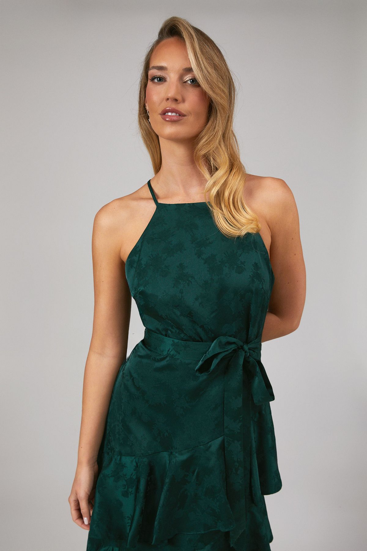Oasis Satin Jacquard Ruffle Halter Neck Bridesmaid Dress Emerald image 4