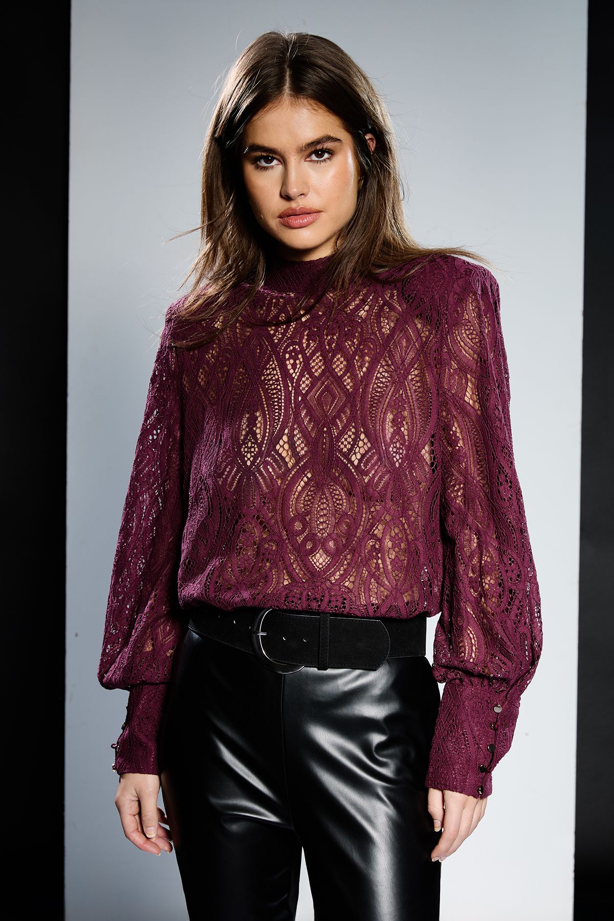 RUNWAY 1.8.1.8 Runway 1.8.1.8 Lace Tie Neck Blouse Berry