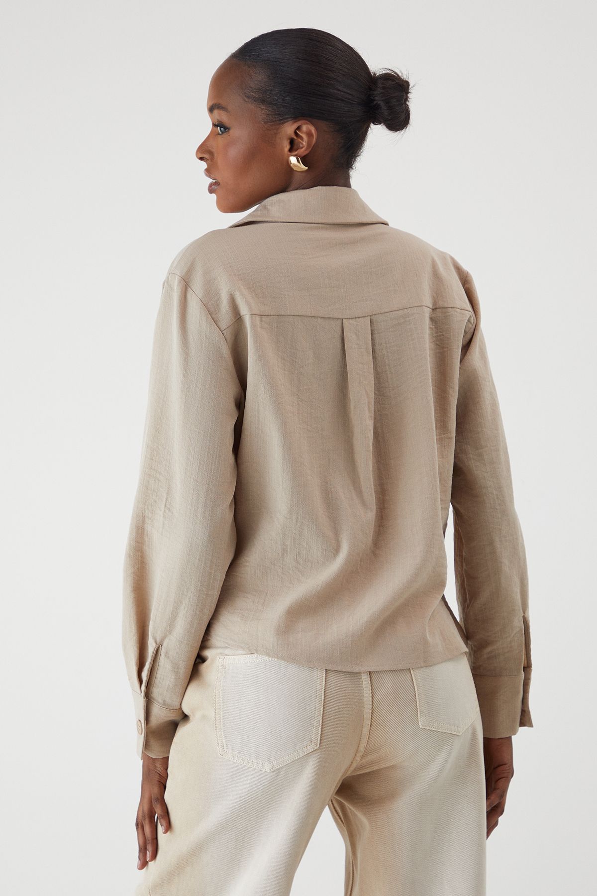 MissPap Linen Look Tie Side Oversized Shirt Stone image 3