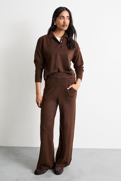 Warehouse Wide Leg Knitted Trouser Co Ord Chocolate