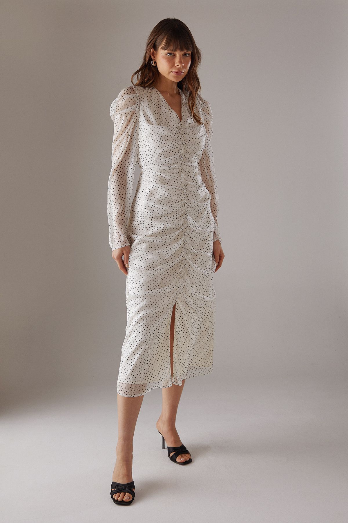 Warehouse Spot Chiffon Ruched Plunge Button front Midi Dress Mono image 1