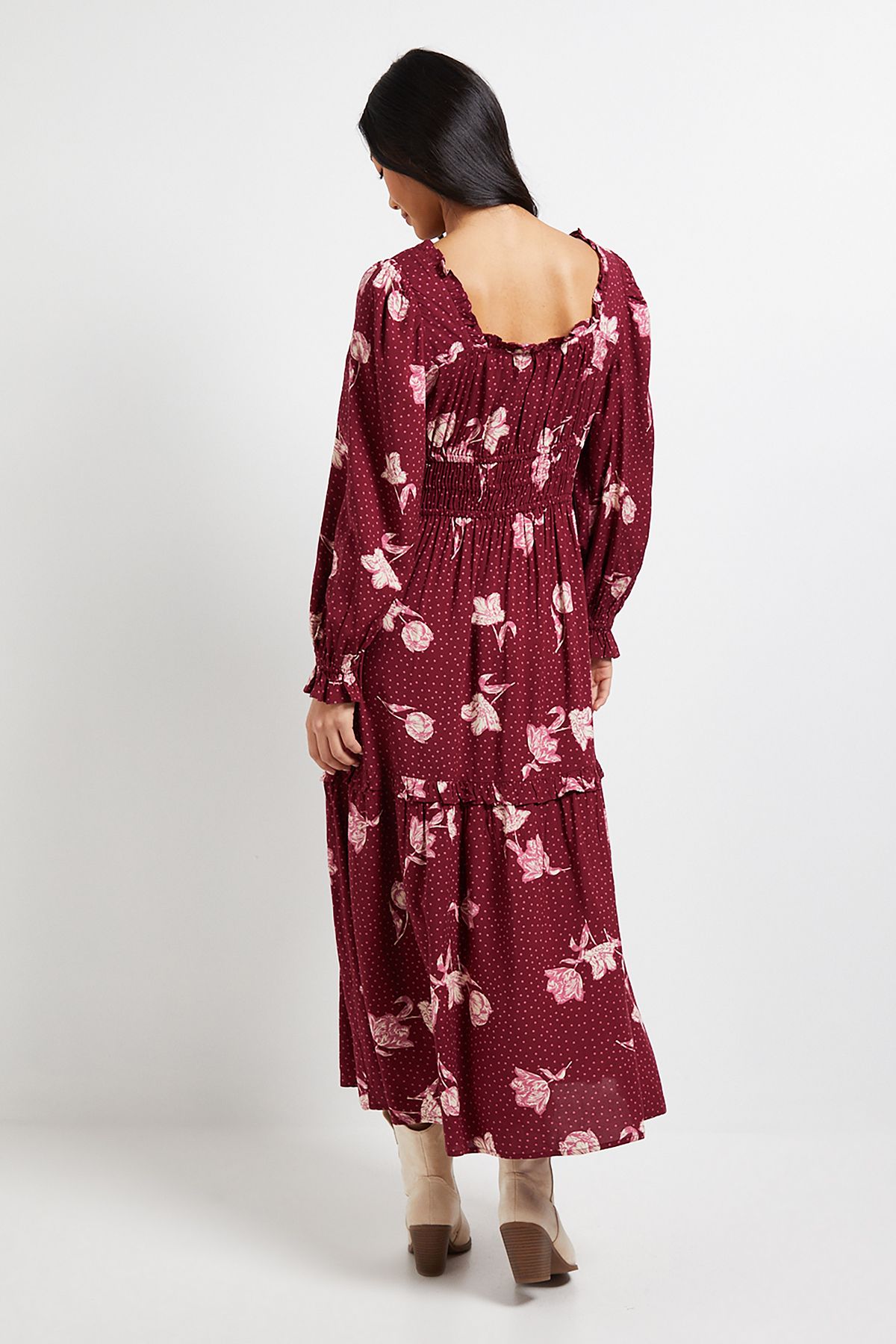 Dorothy Perkins Petite Berry Floral Square Neck Blouson Sleeve Tiered Maxi Dress Berry image 2