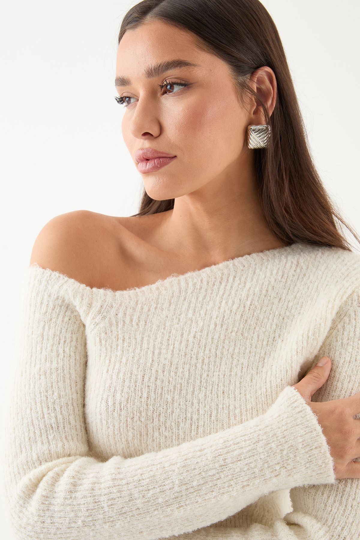 MissPap Asymmetric Knitted Boucle Top Ecru image 4
